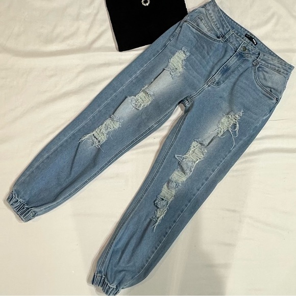 Fashion Nova Pants - Fashion Nova Blue Joggers with Distressed Style